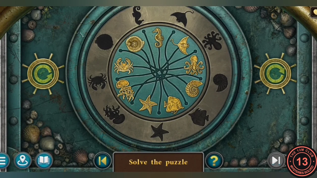 Sea-creature door puzzle: nine gold creatures on the inner disc and black silhouettes on the outer ring