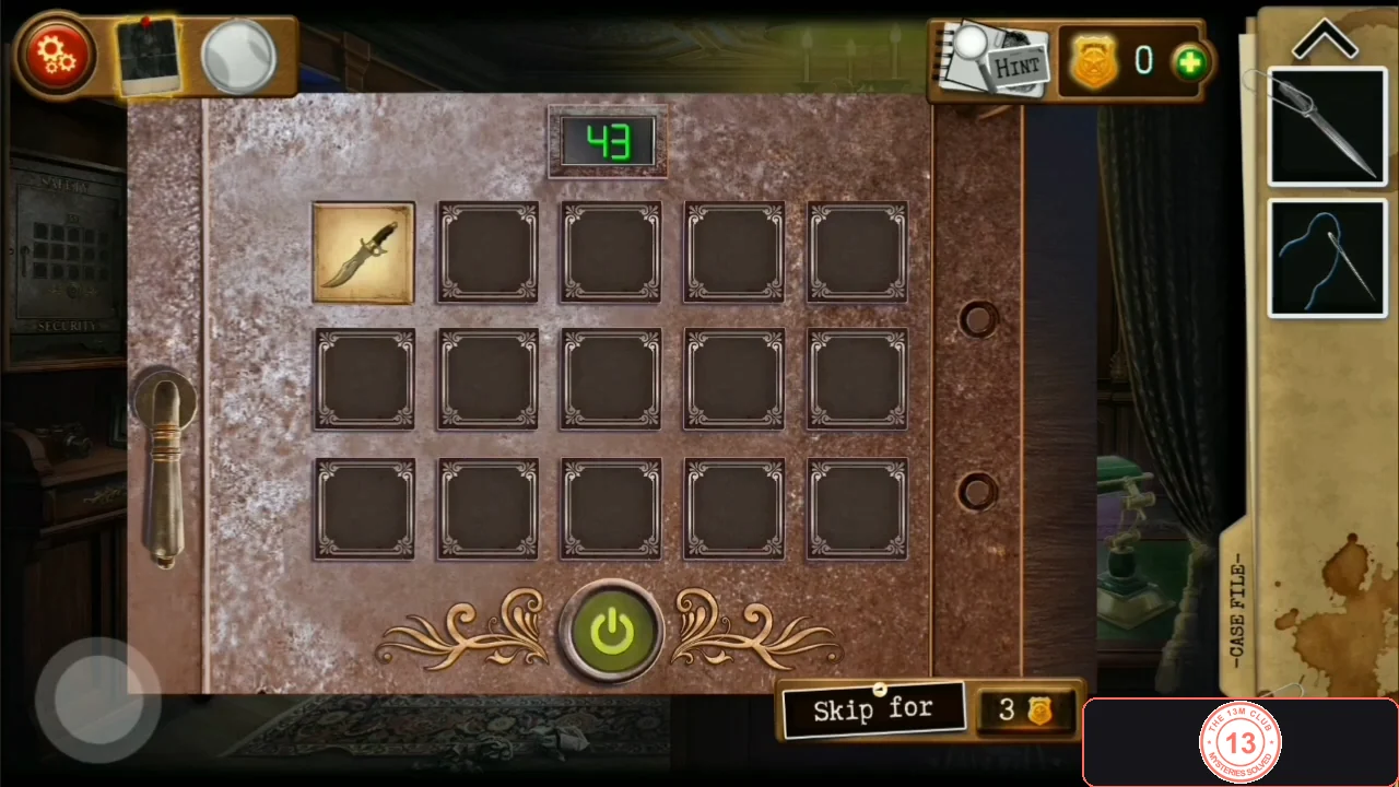 Metal sideboard door with a 3 by 5 grid of tiles, one turned over to show a dagger, a green timer reading 43 and a green power button