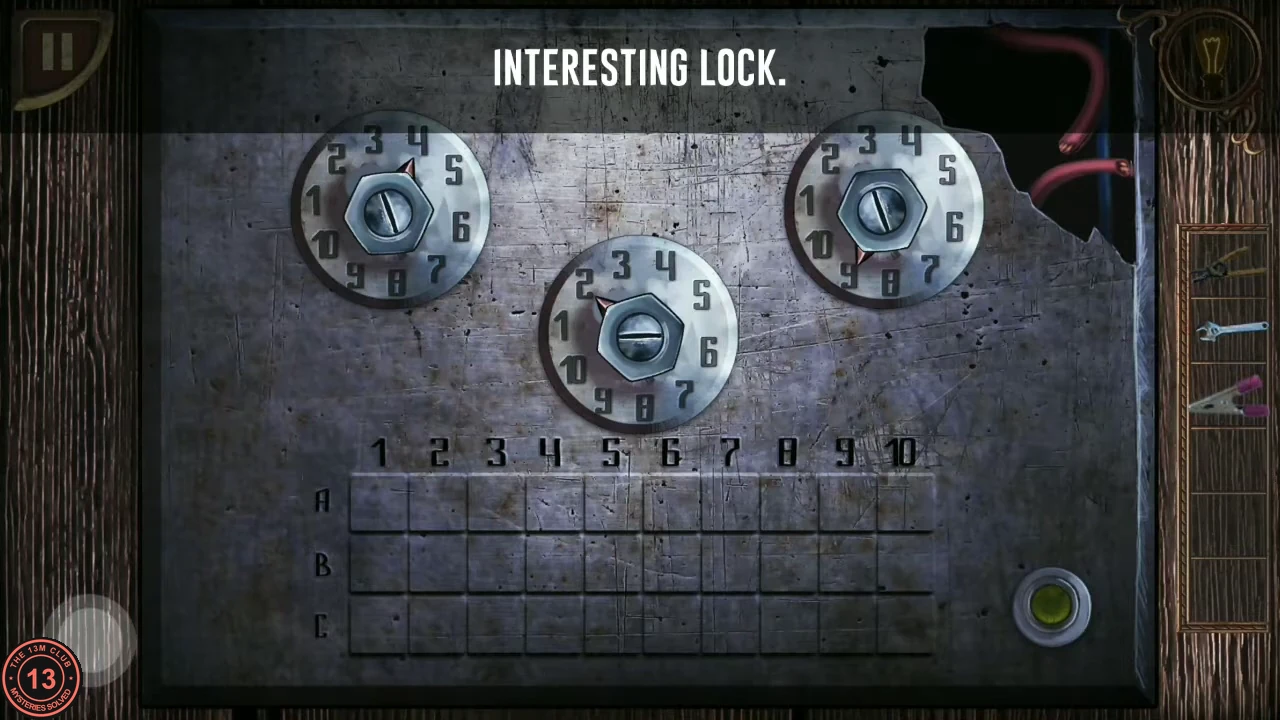 A metal panel with three numbered dials around hex nuts, an empty A/B/C grid numbered 1 to 10, torn red wires and an unlit light.