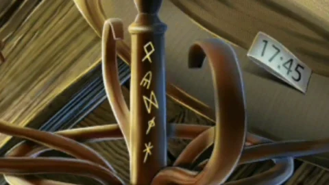 Close-up of the coat-rack pole showing five carved runes from top to bottom beside the 17:45 tag