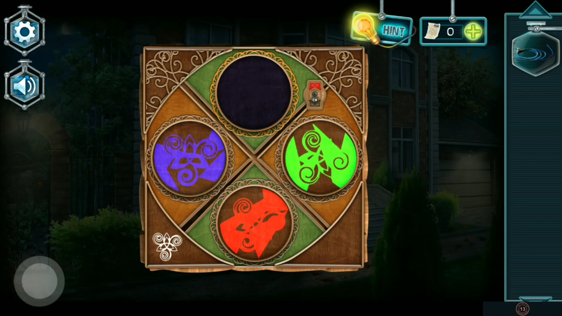 Wooden glass-circles box with purple, green and red swirl discs, a toggle switch and an empty window at the top