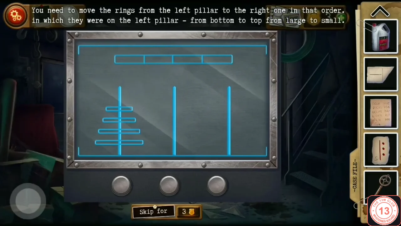 Wall safe screen showing three pillars with four rings stacked on the left pillar and three round buttons below