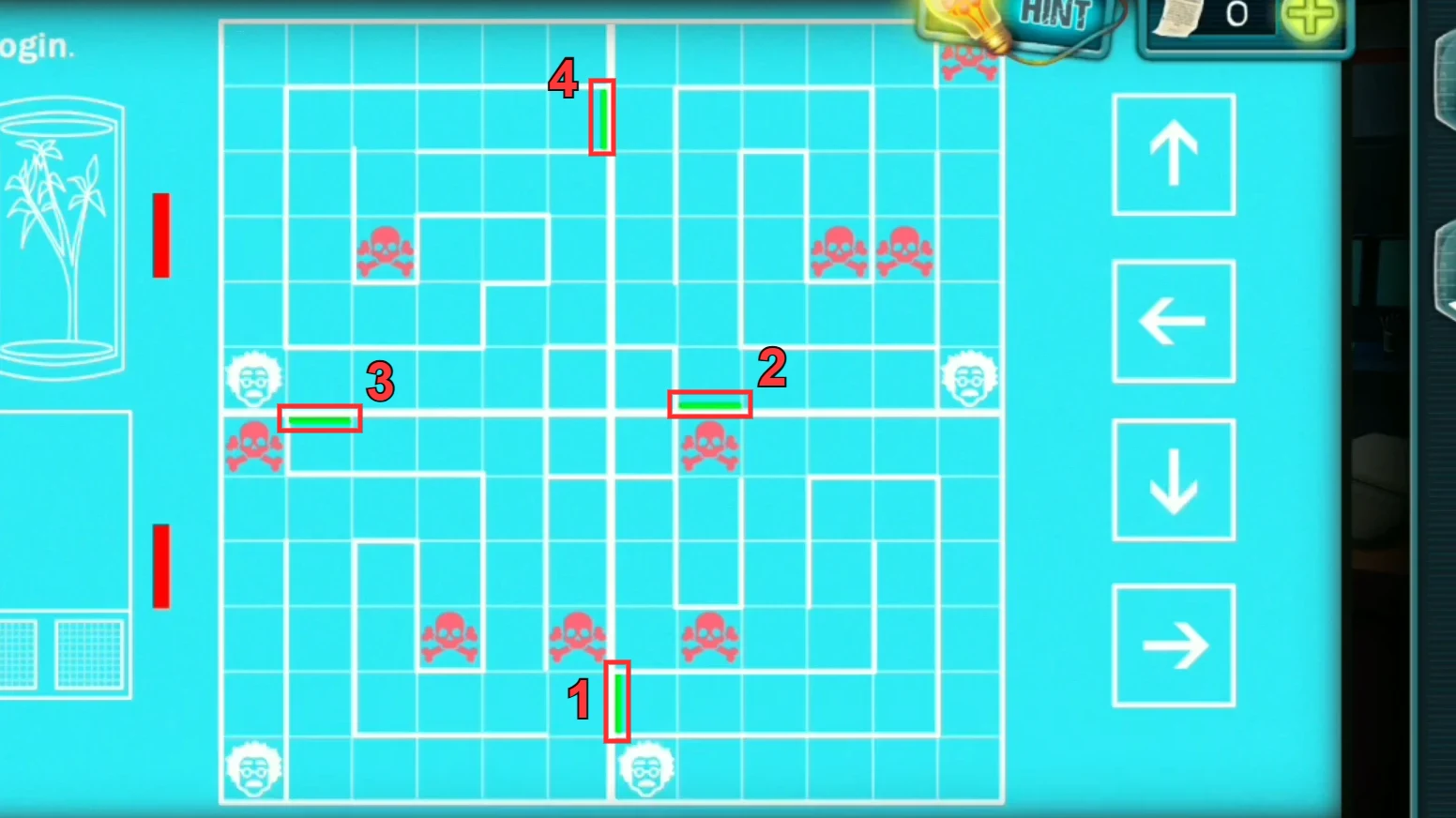 Einstein maze with its four green exit bars outlined in red and numbered 1 to 4: bottom-right on the inner wall one row above the bottom, top-right in the bottom wall, bottom-left in the top wall, top-left on the right side
