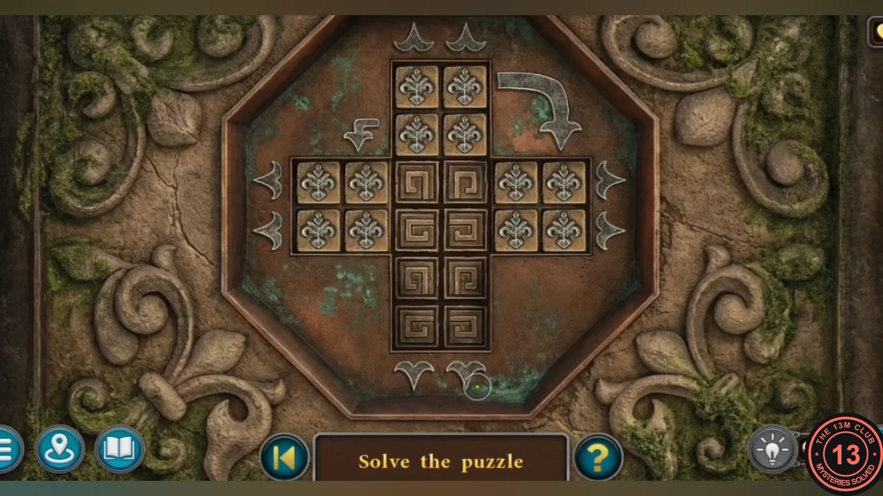 Solved cross puzzle: spiral tiles fill the centre and bottom arm, fleurs-de-lis fill the top, left and right arms