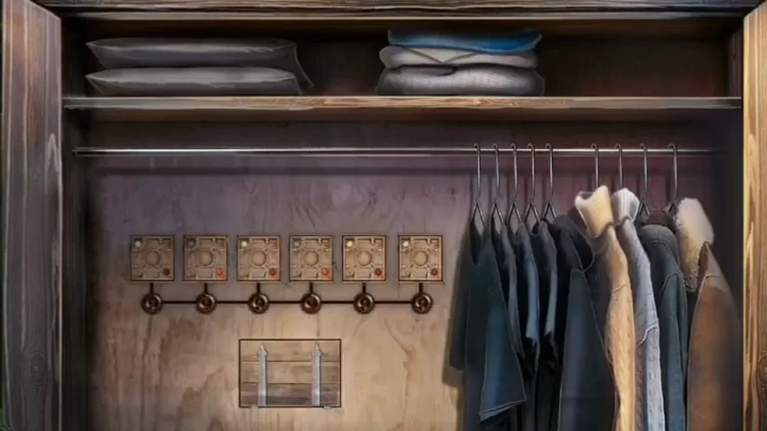 Inside the wardrobe: six small squares with indicator lights above six levers, next to hanging clothes