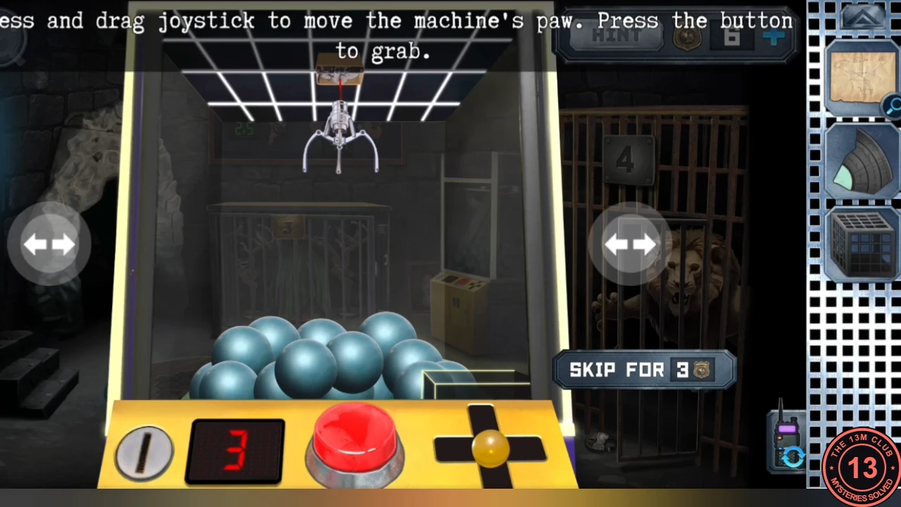 Zoo claw machine full of blue balls with the claw at the top, a counter showing 3, a red grab button, a joystick and rotate arrows, and the instruction about dragging the joystick to move the paw and pressing the button to grab.