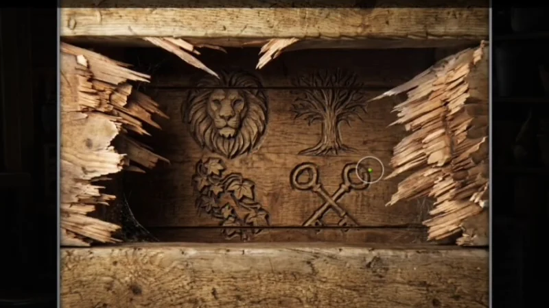 Lit hole under the utility room floor with a lion, a tree, ivy and crossed keys scratched into the wood