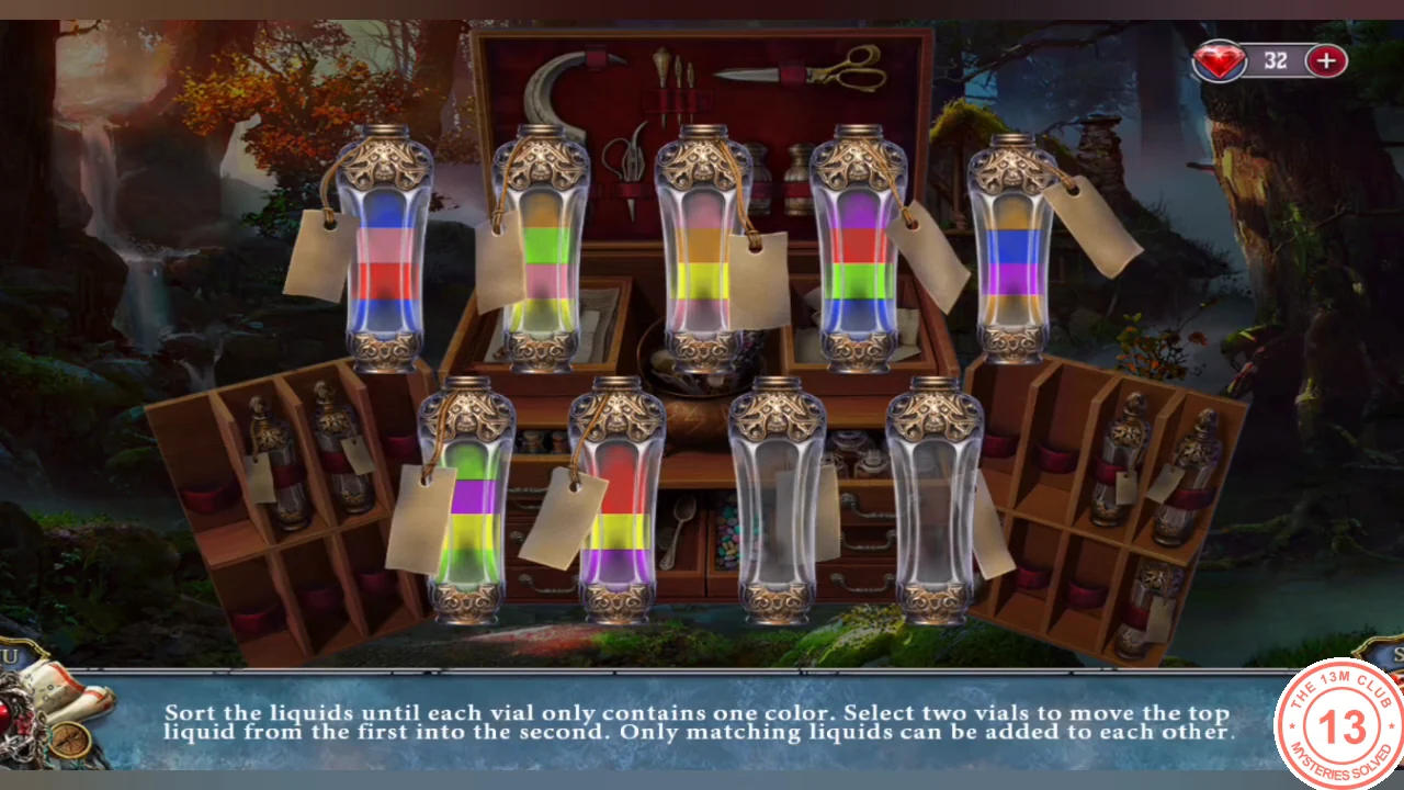 Seven vials with layered colored liquids and two empty vials in the small chest