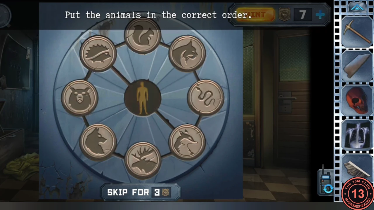 Hospital door ring lock with eight animal tokens around a human figure: squirrel at the top, then clockwise lynx, snake, fox, moose, wolf, bear and hedgehog