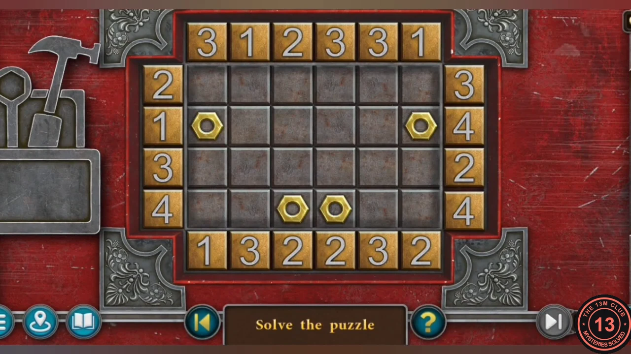 Red toolbox nut puzzle: four nuts on a 6 by 4 grid with push numbers on every edge