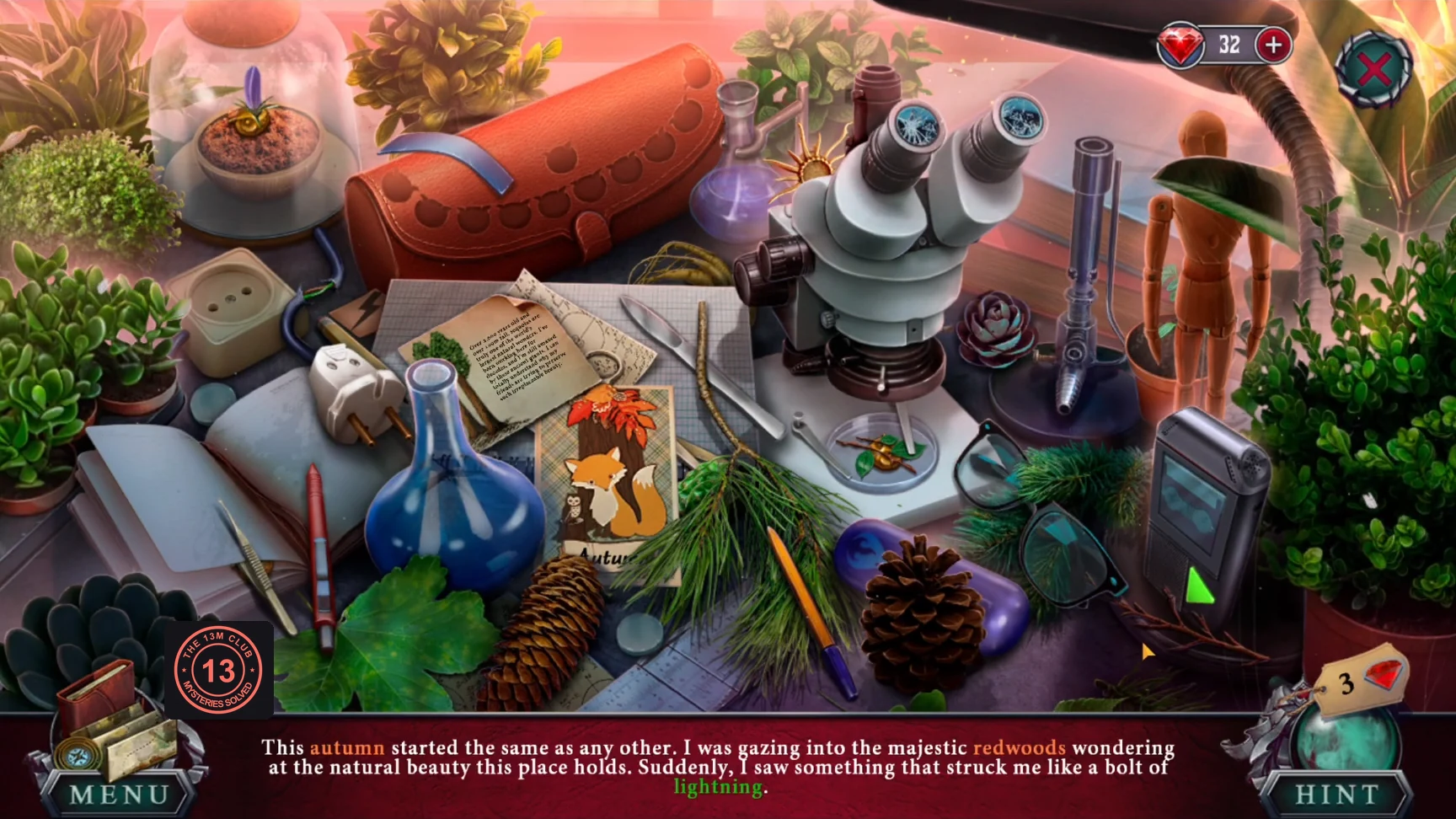 Dr. Finch's cluttered lab table with the story text and highlighted words below