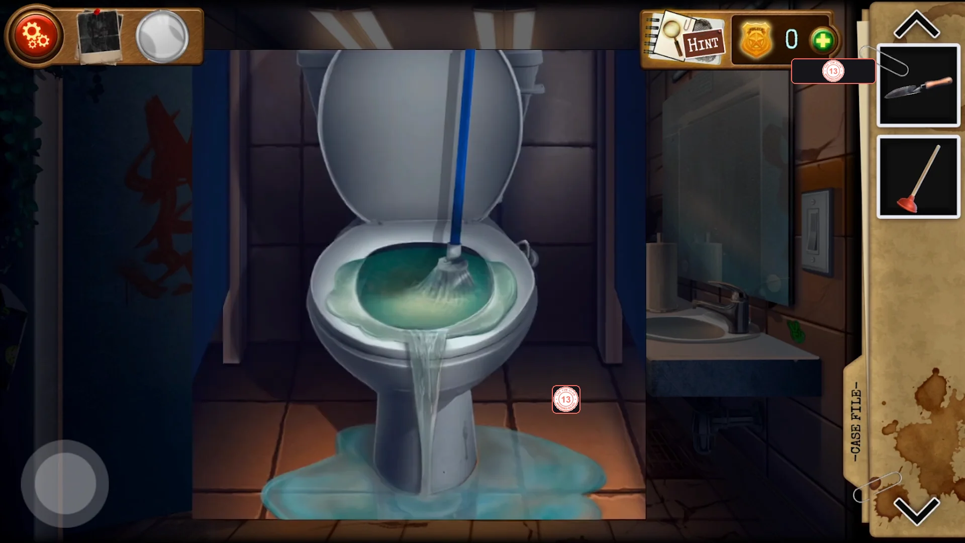 Inside the last restroom stall: a toilet overflowing onto the floor with a blue mop stuck in the bowl