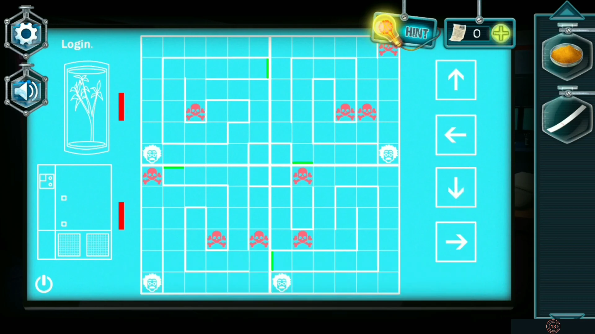 Laboratory computer showing the Einstein maze with skulls and green exits