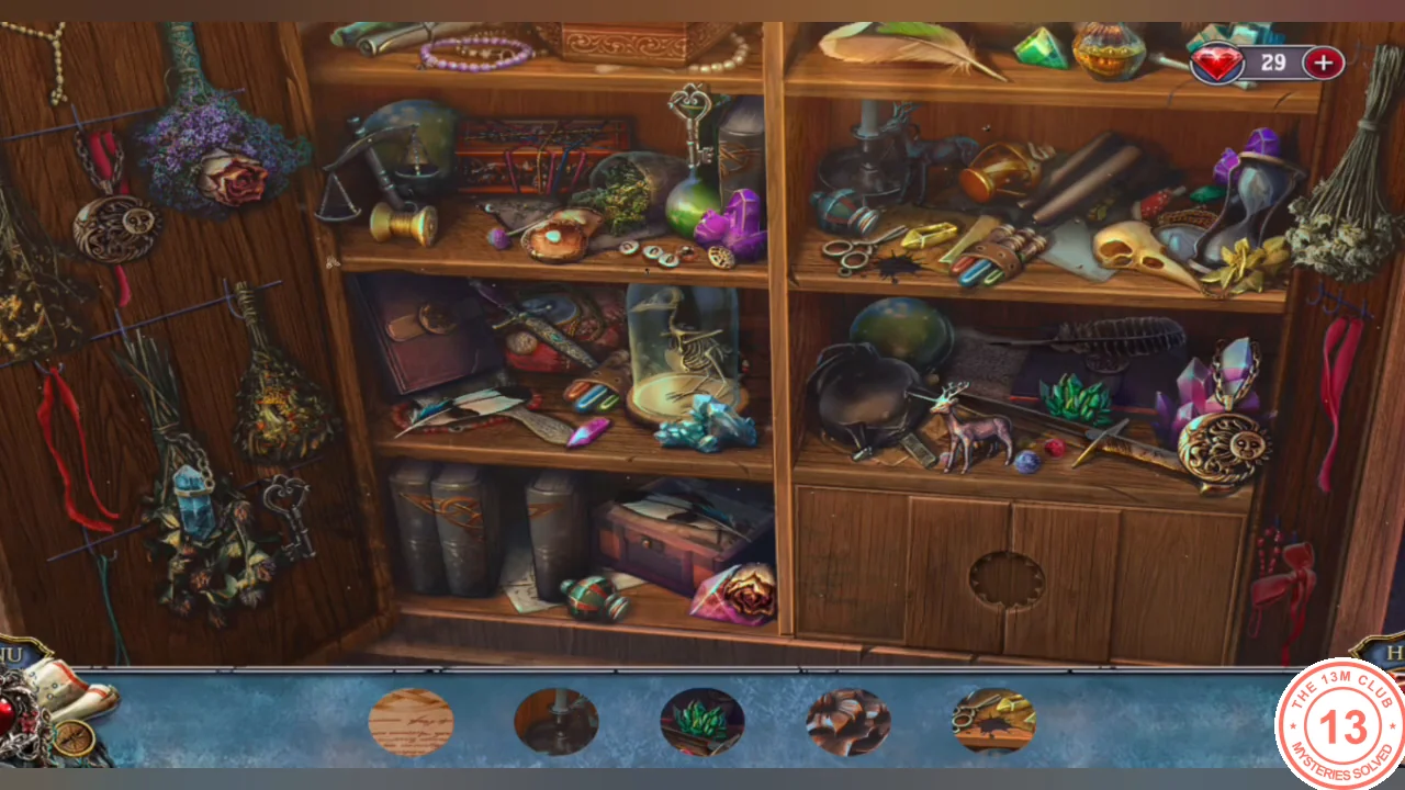 Basement shelves full of objects, with five round close-up fragments in the bottom bar