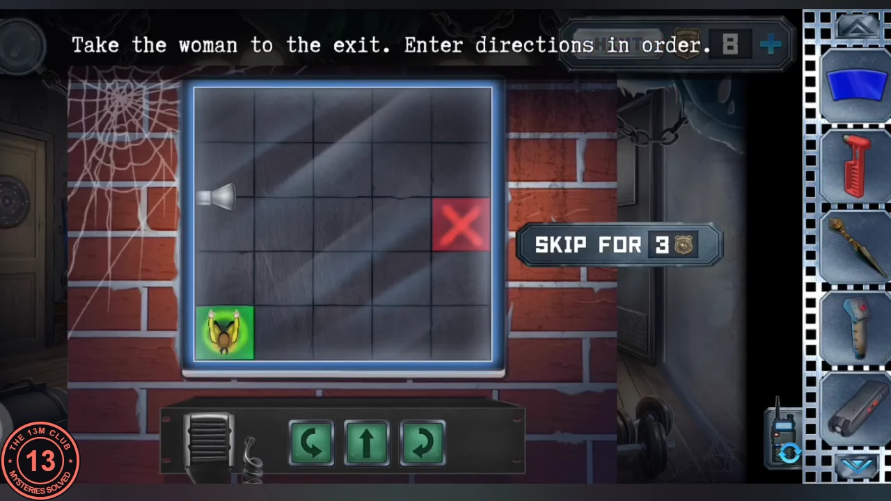 5 by 5 dark grid on the gym screen with the woman on a green square in the bottom-left corner, a red X on the right side and turn-left, forward and turn-right buttons below, under the text 'Take the woman to the exit. Enter directions in order.'