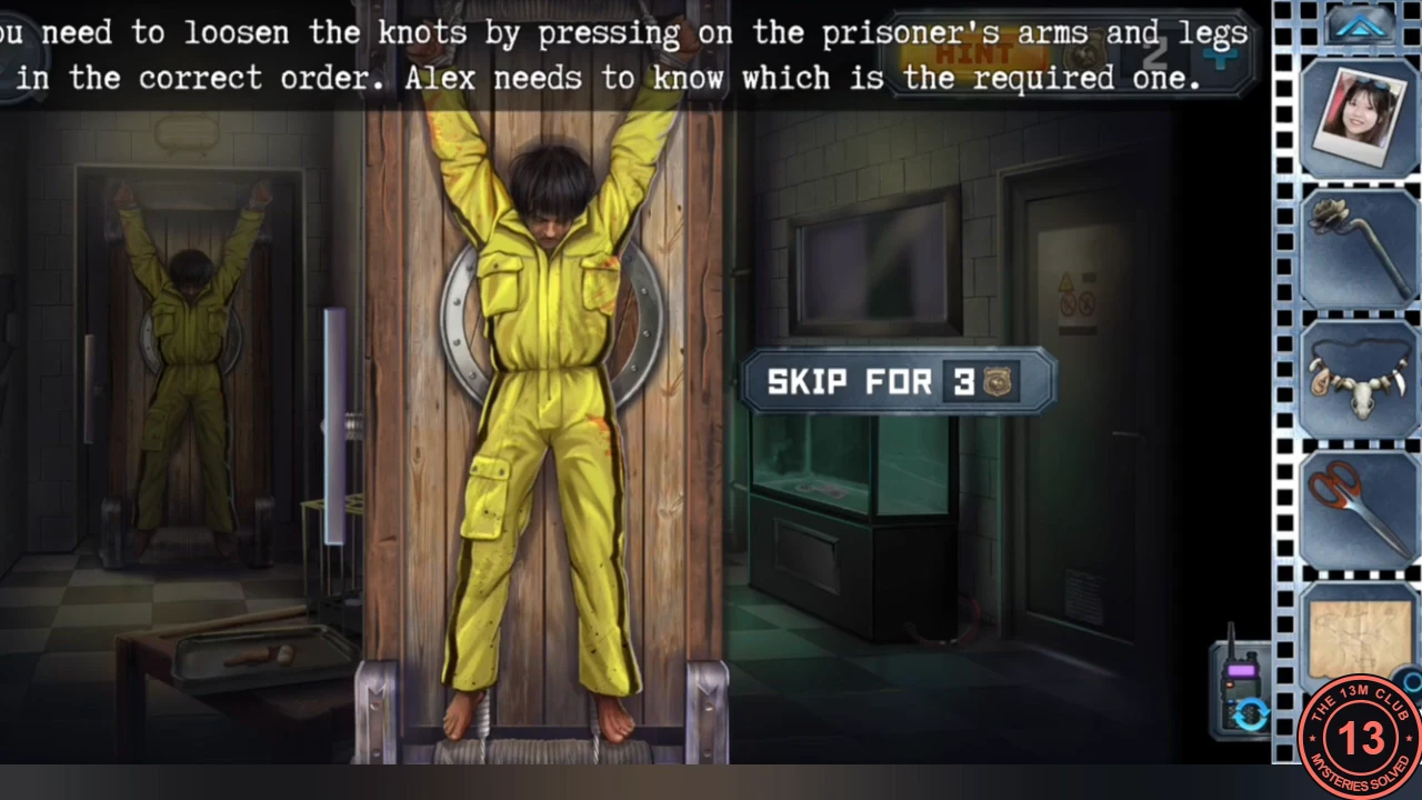 The prisoner in a yellow jumpsuit tied to the wooden rack by his wrists and ankles, a round metal slot behind him, with the instruction to loosen the knots in the correct order.