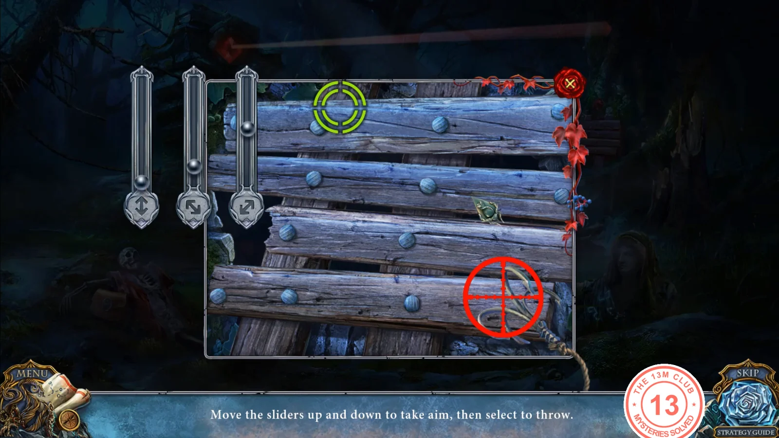 Boarded wall with three sliders on the left, a red crosshair and a green target