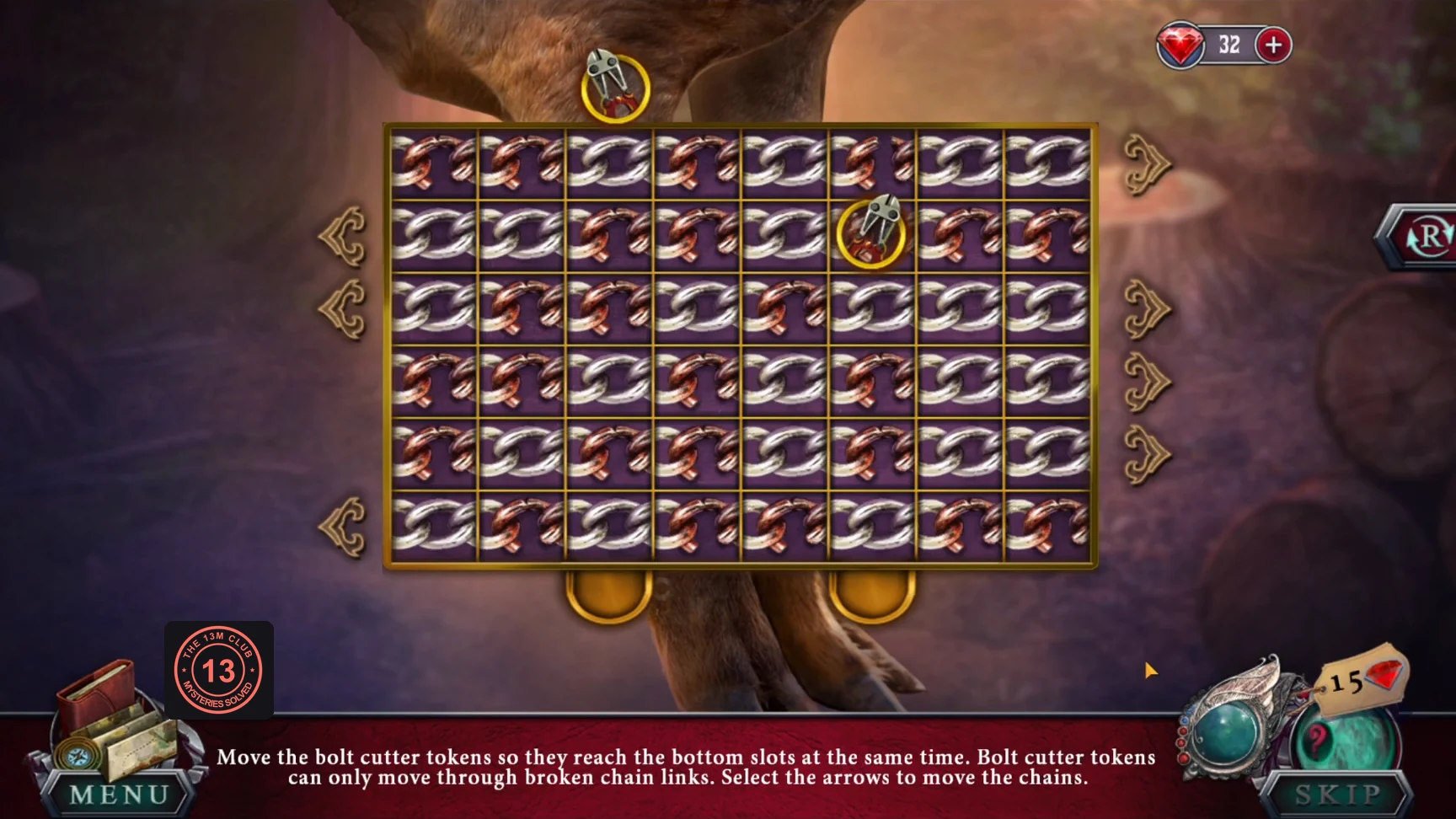 Grid of six chain rows with arrows at the sides and two bolt cutter tokens