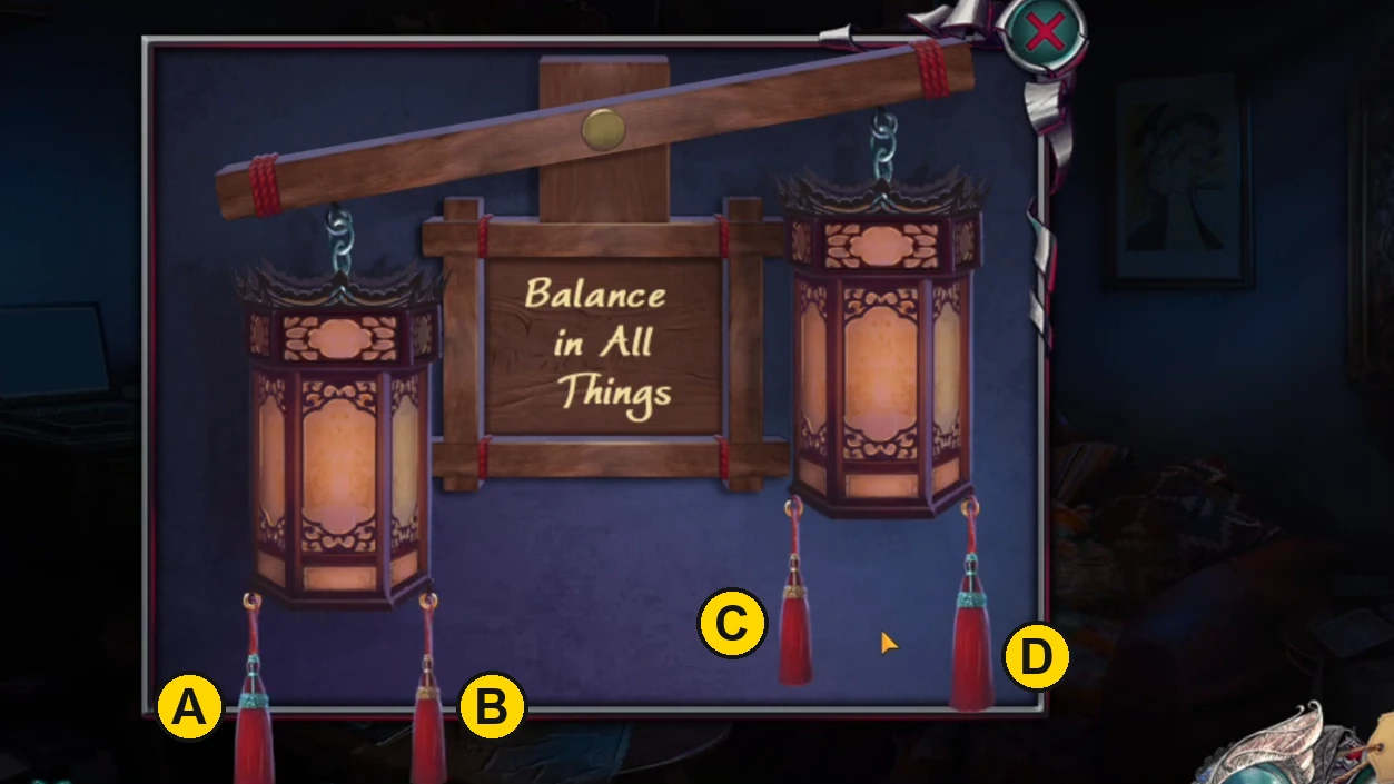 Balance beam with both lanterns and the four hanging tassels labelled A to D, the left end hanging low