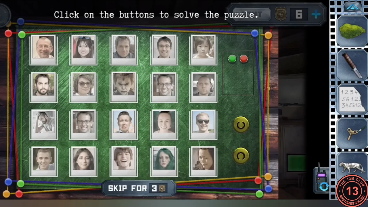 Cabin photo wall with twenty face photos in a grid, two yellow round buttons on the right, green and red indicator lights, and the instruction "Click on the buttons to solve the puzzle."