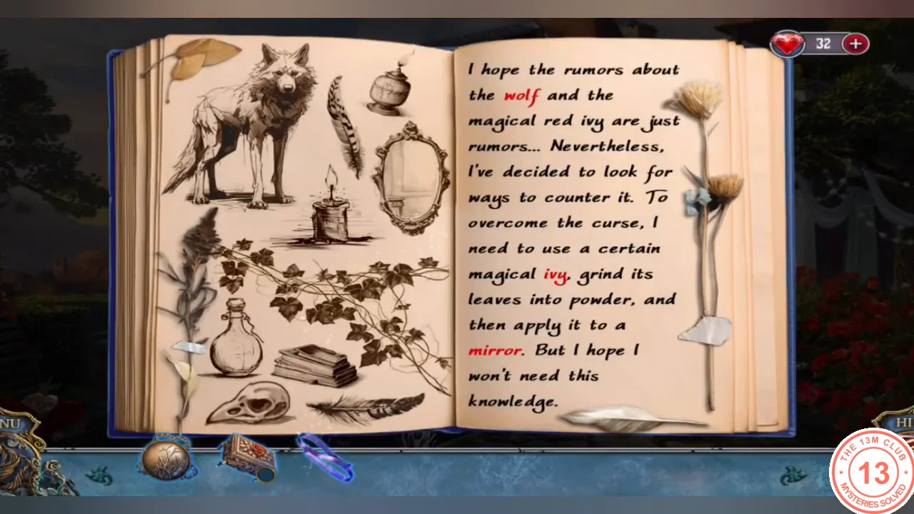 Ruby's diary open on a page with the words wolf, ivy and mirror in red, beside drawings of a wolf, an ivy branch and an oval mirror