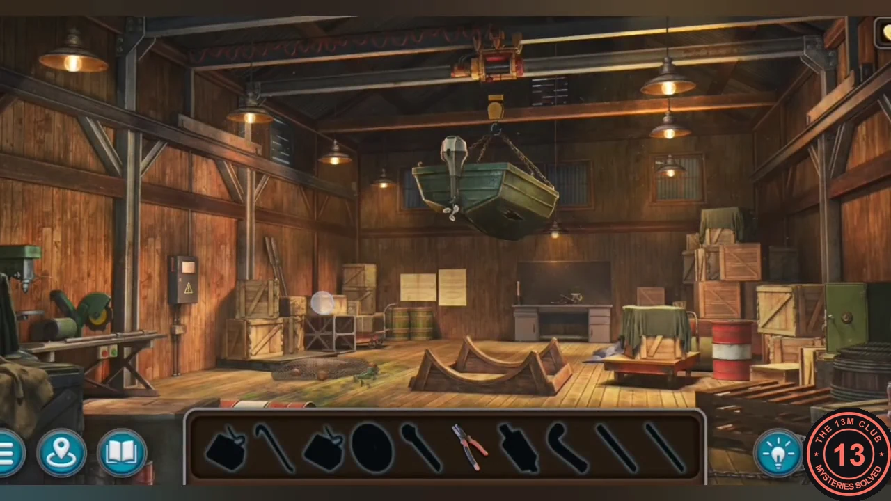 Boathouse interior with a hoisted boat, workbench, chop saw and crates, with item silhouettes in the bottom bar