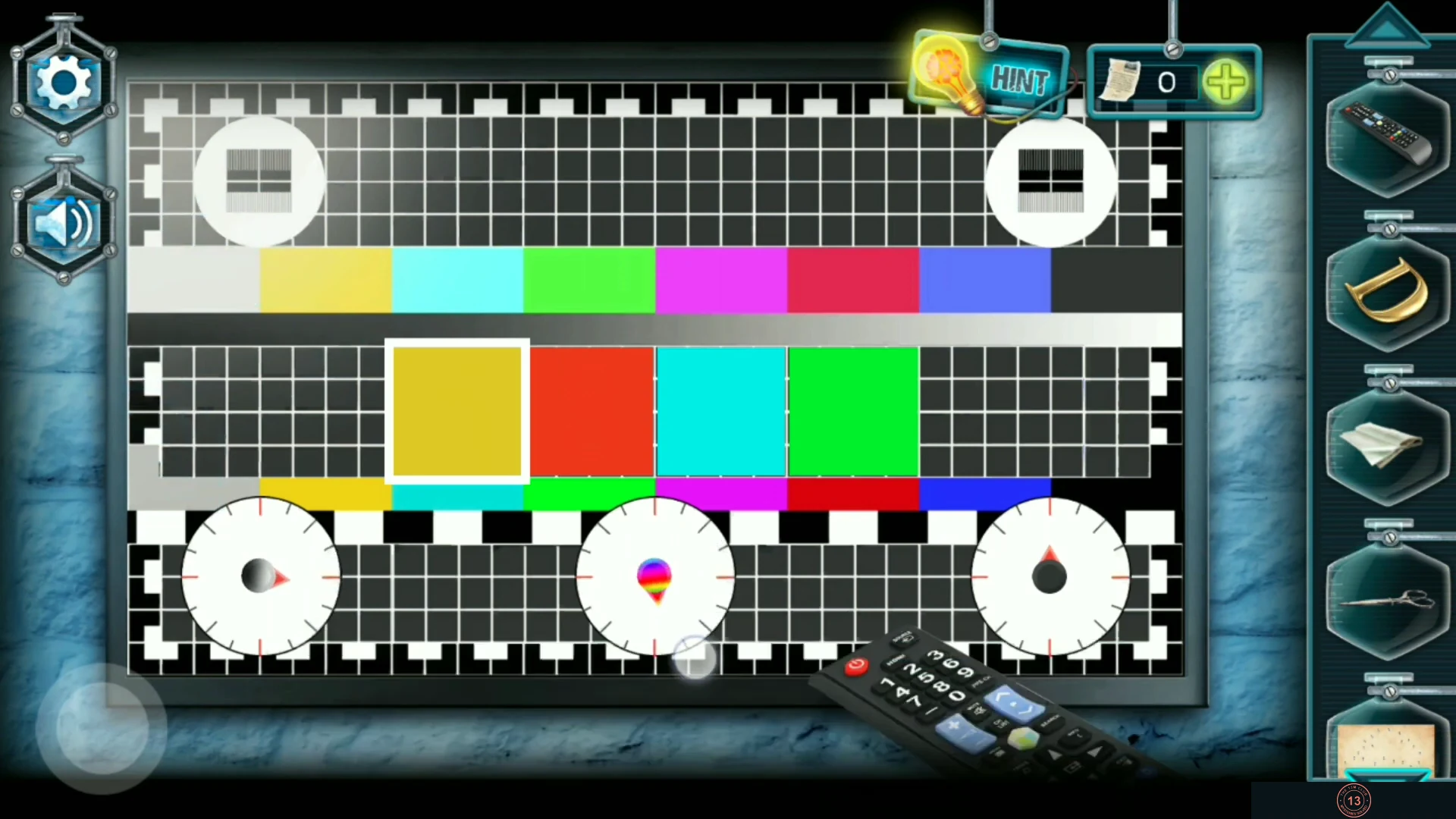 TV test card with coloured boxes and three adjustment dials