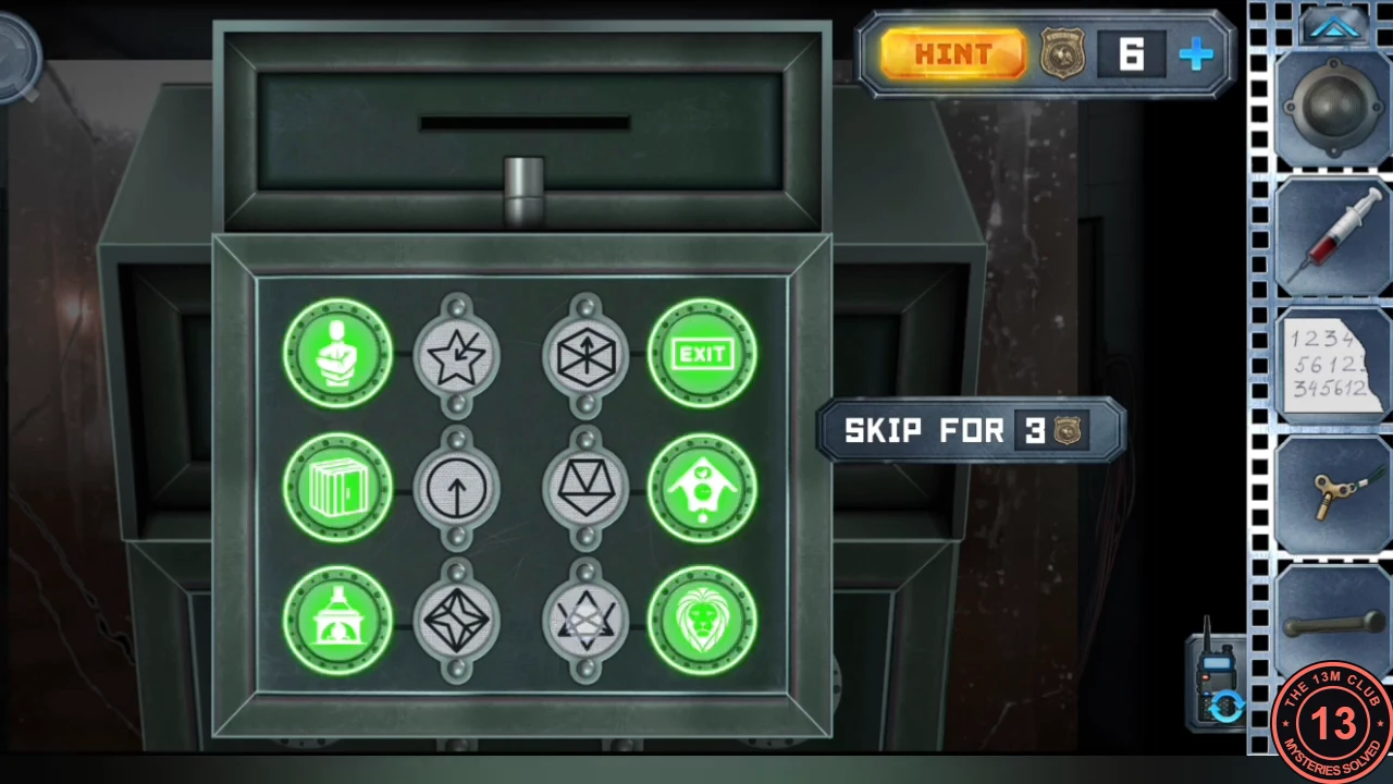 The lab drawer panel with all six room icons lit green and the middle symbols set: bust with star, EXIT with spoked wheel, cell with arrow, cabin house with triangle, tent with diamond, lion with six-pointed star