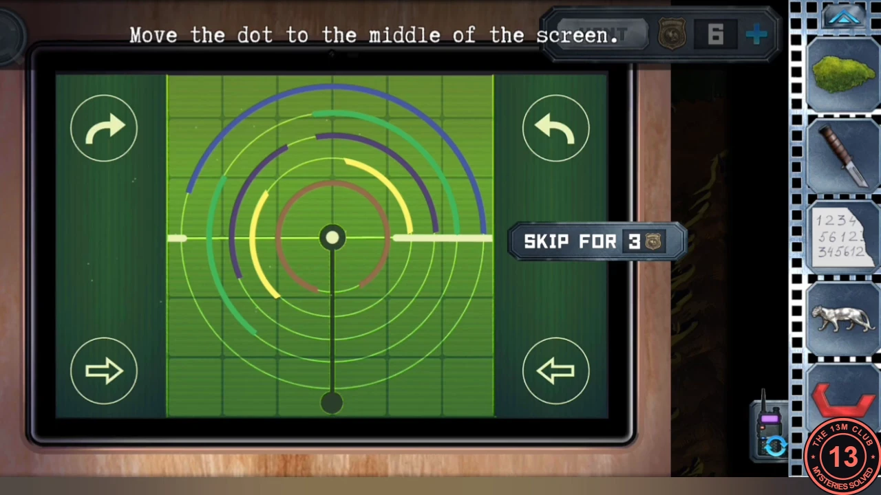 The green radar screen at the stump with coloured ring arcs rotated so the dot has slid into the centre; rotate and shift arrow buttons on both sides