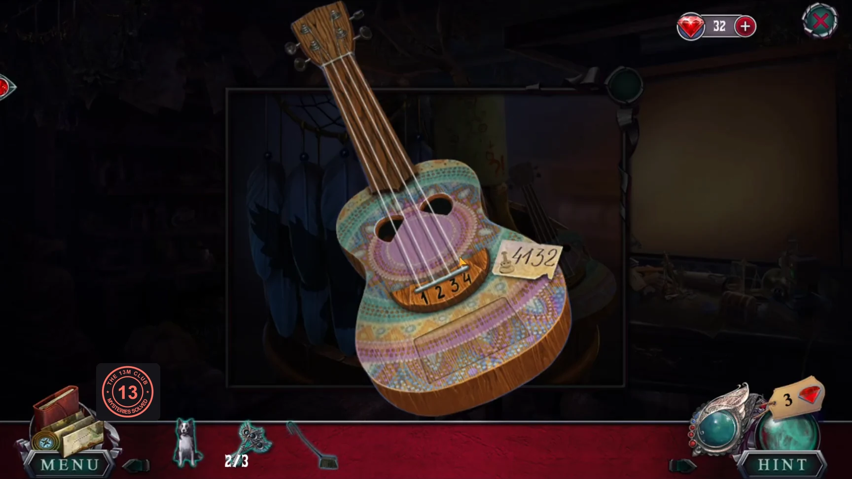 Ukulele on the tree stand with the note bearing 4132 attached