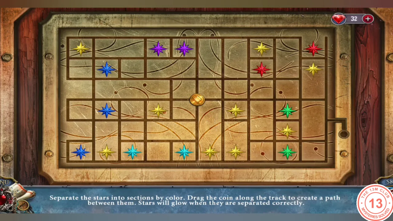 Star puzzle on Granny's door: colored stars on a grooved board with a coin in the middle