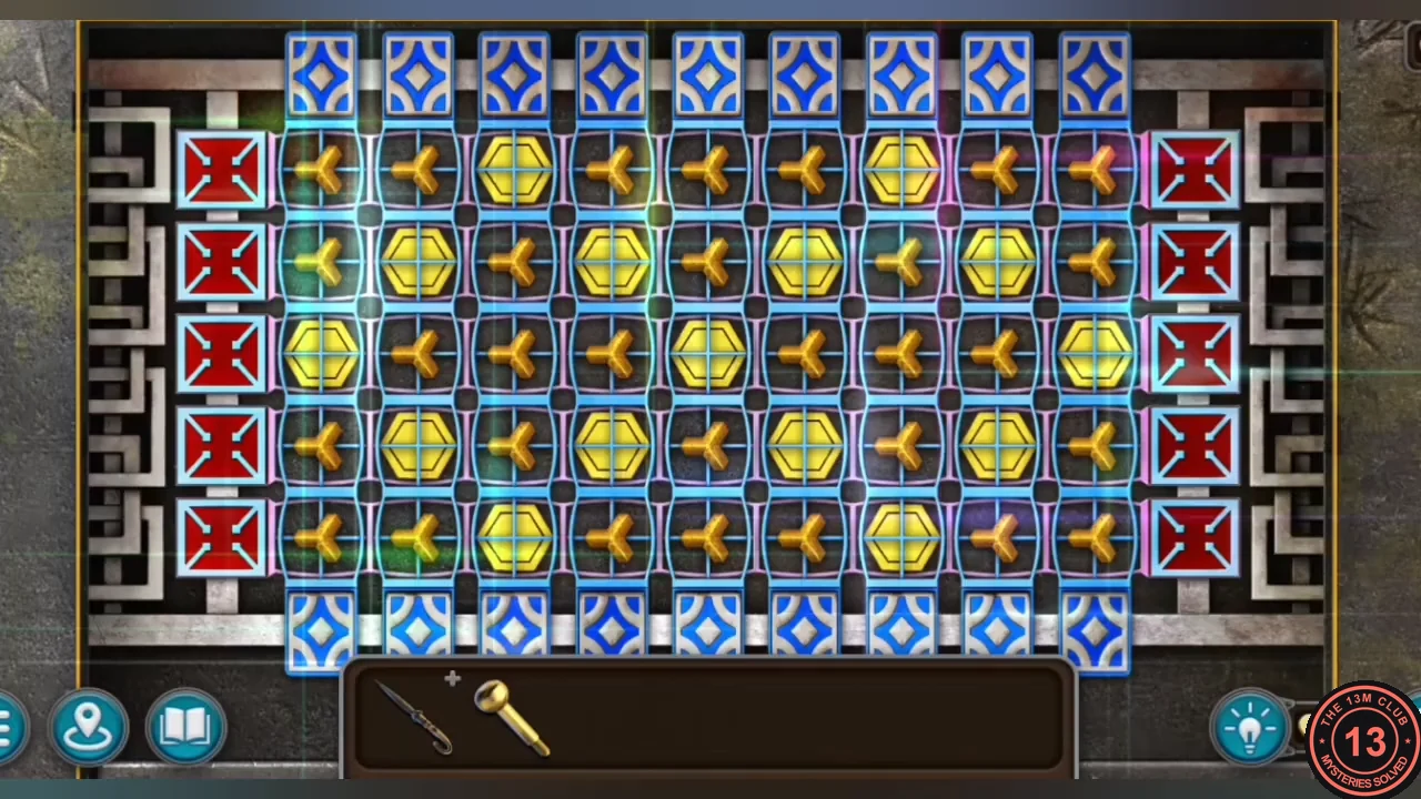 Completed symbol lattice with exactly one symbol in every cell; the gold hexagons form a symmetrical diamond pattern