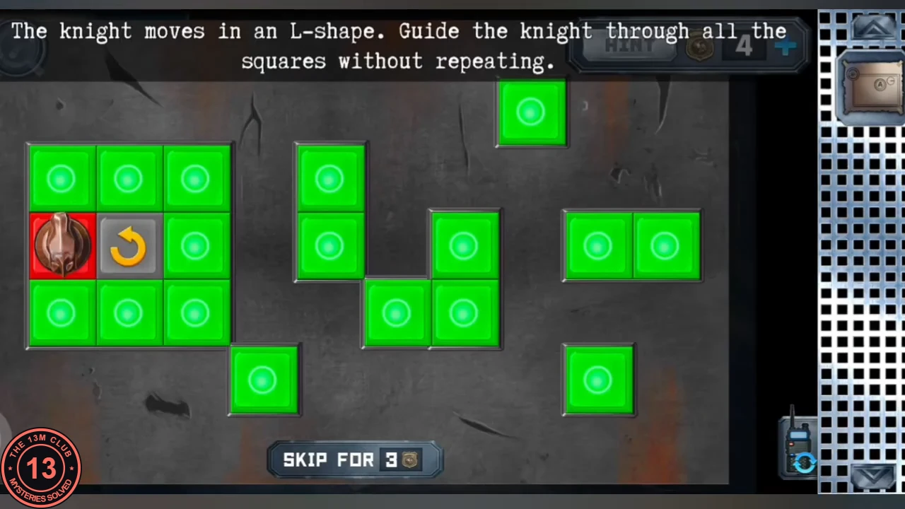 Knight's tour on the alley wall safe: a scattered pattern of green squares with the knight piece on a red start square beside a grey rotate-arrow tile, and the instruction text at the top