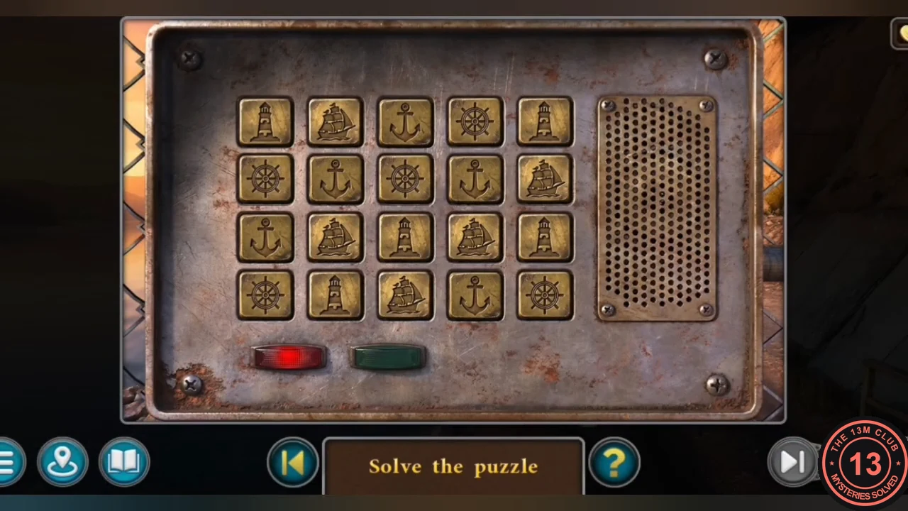 Waterfront gate keypad: a 5 by 4 grid of ship, lighthouse, ship's wheel and anchor tiles, with red and green lights below