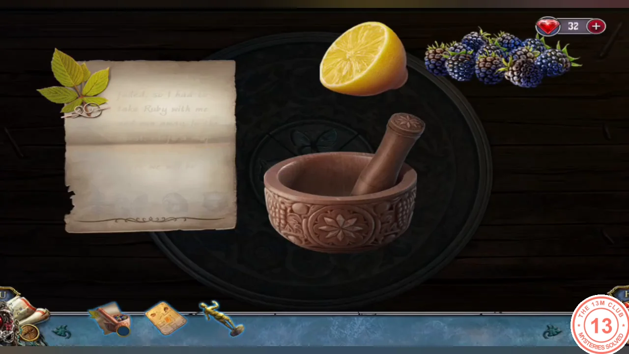 The hut chest with the blank note, mortar, lemon and blackberries