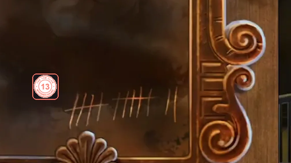 Misted mirror with three groups of tally marks: five, six and two