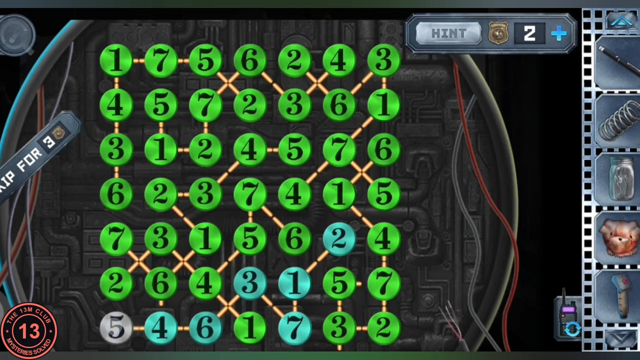 Seven-by-seven board of numbered circles 1 to 7 joined by link lines; most circles are green and the last chain of seven circles is highlighted in blue and grey as it is being tapped