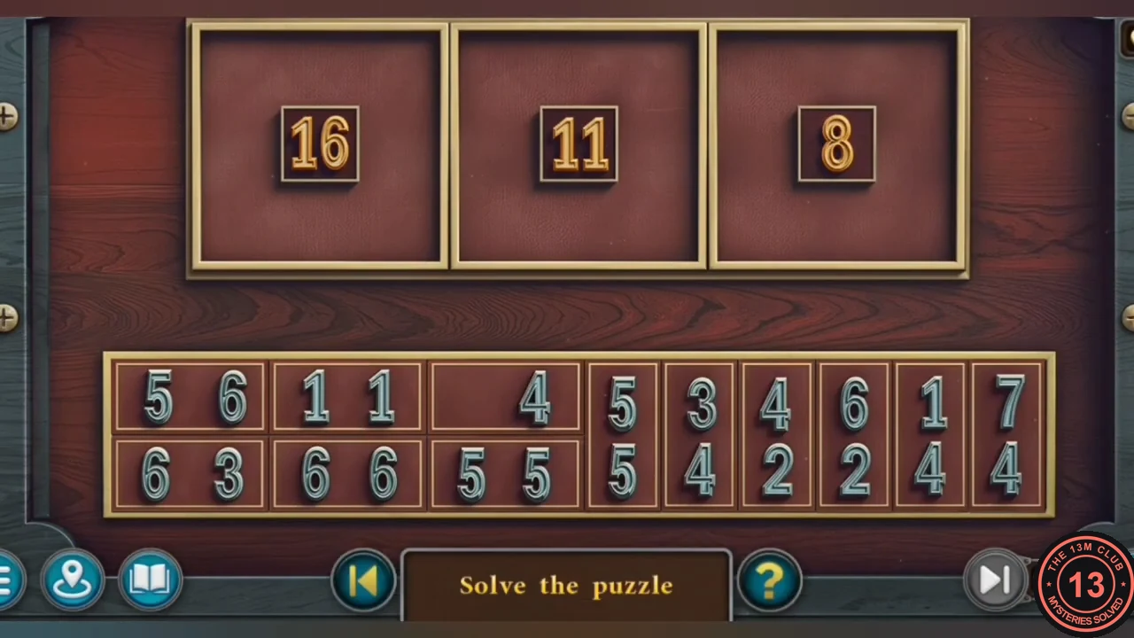 Blue trunk number puzzle with three empty frames numbered 16, 11 and 8 and twelve domino tiles in the tray below