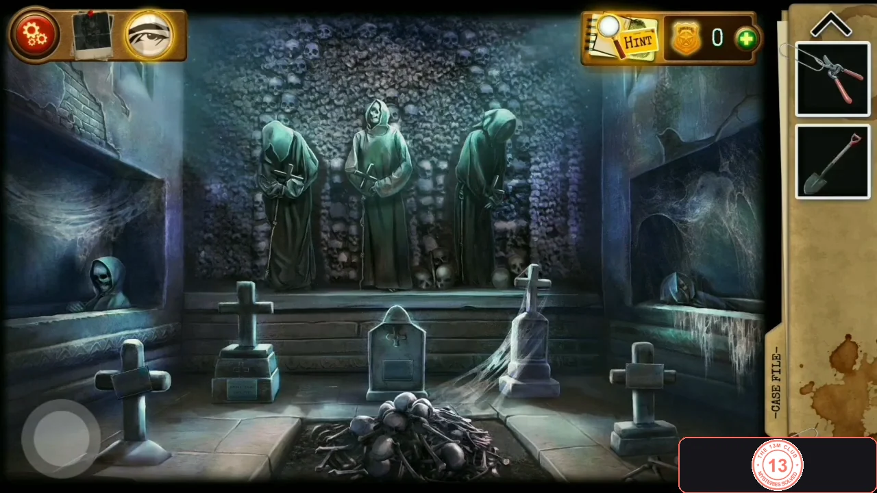 Crypt with three hooded statues at the back, a low stone ledge, several small gravestones and crosses, and a pile of bones in the middle of the floor