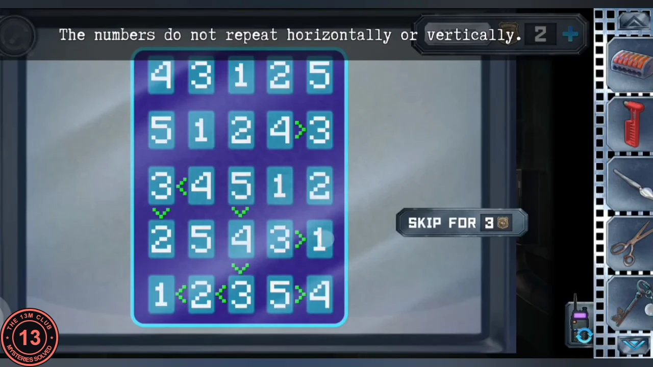 Five-by-five number grid filled 4 3 1 2 5 / 5 1 2 4 3 / 3 4 5 1 2 / 2 5 4 3 1 / 1 2 3 5 4 with green inequality signs between cells