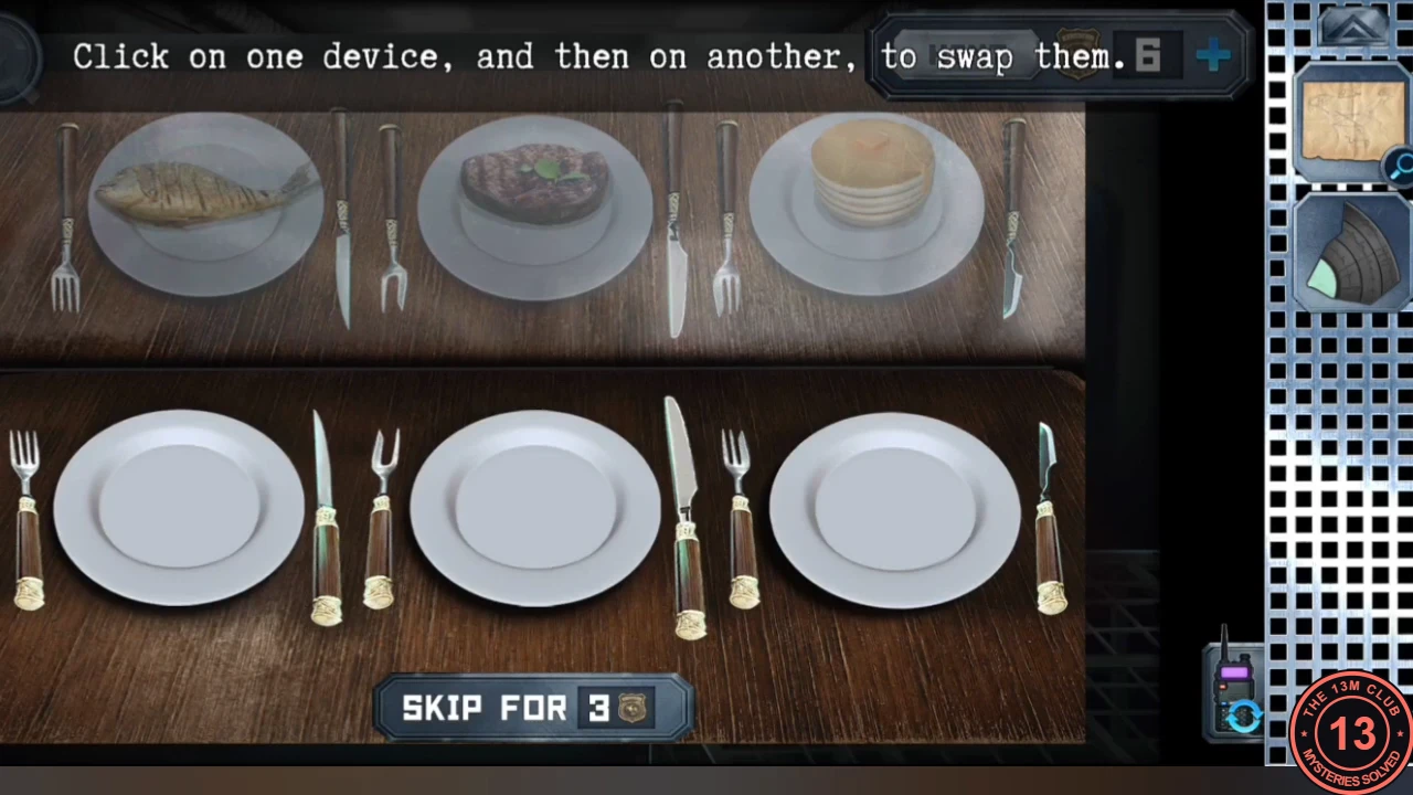 The mirror-room cutlery table: fish, steak and pancakes on the top row and three empty plates below, with forks and knives mixed up between them; instruction 'Click on one device, and then on another, to swap them'