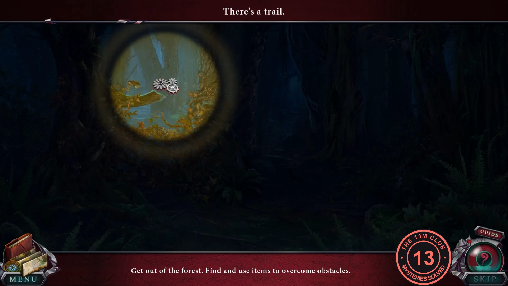 Dark forest lit by the flashlight beam, with the "There's a trail." message