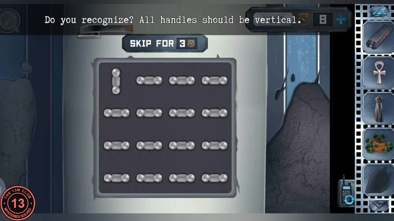 4 by 4 board of metal handles in the locker room, only the top-left one vertical and the rest horizontal, under the text 'Do you recognize? All handles should be vertical.'