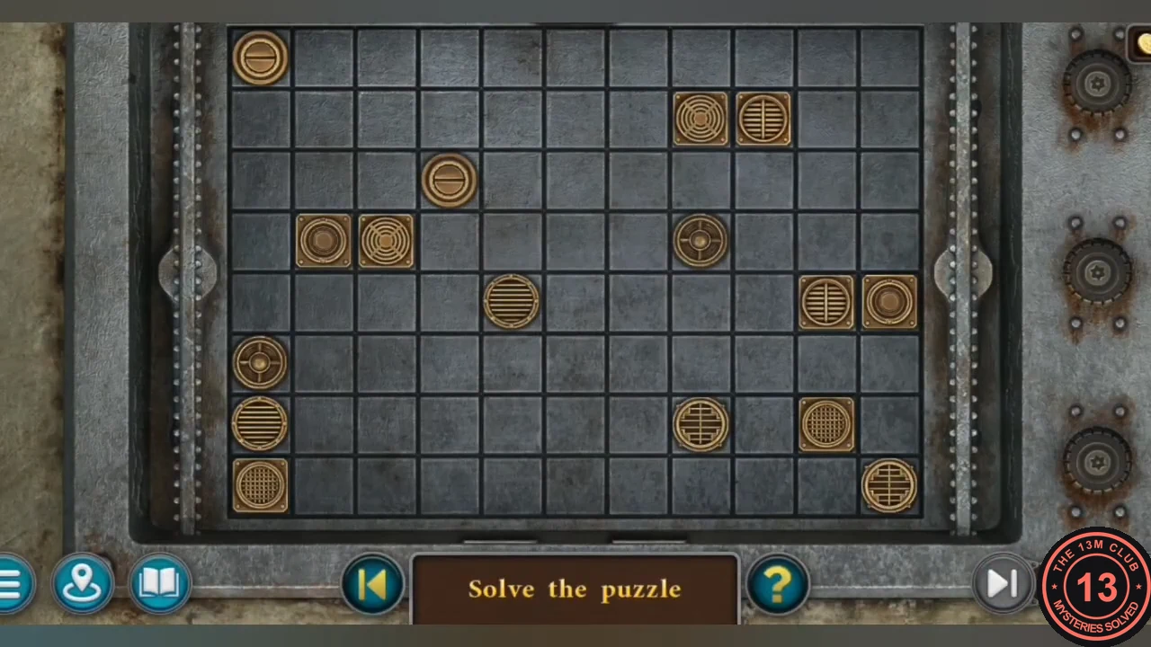 Elevator console connection puzzle: pairs of bronze symbol discs on an 11 by 8 grid