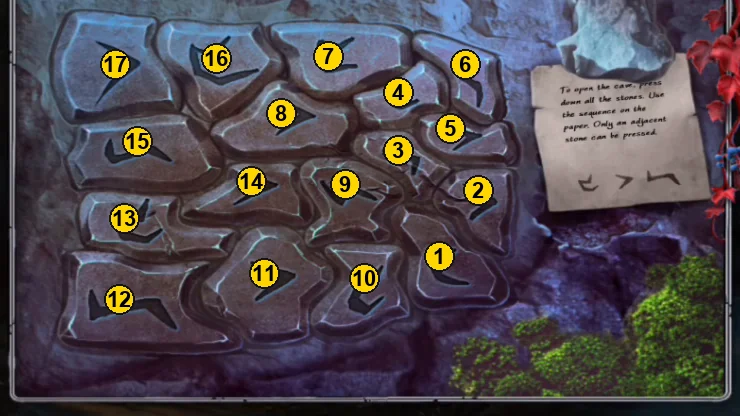 Close-up of the stone wall with the numbers 1 to 17 marked on the stones in pressing order, the symbol paper at the right