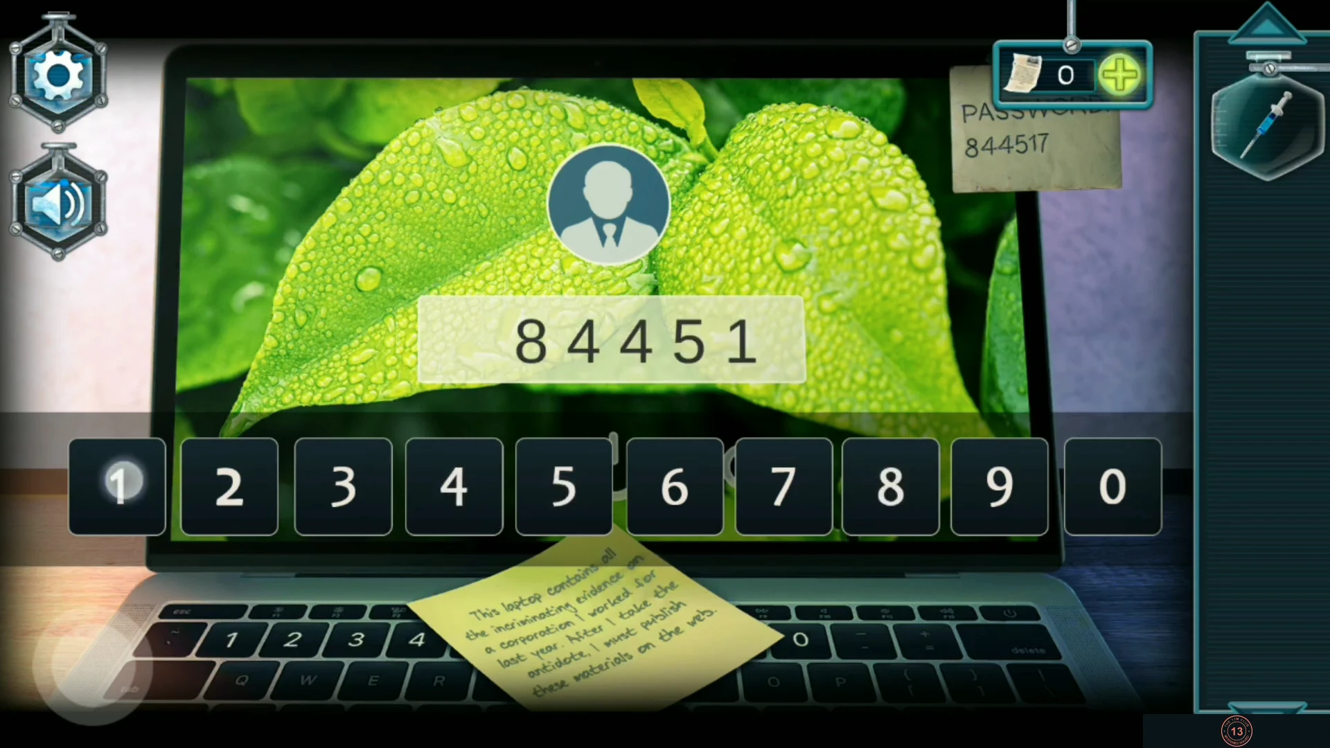 Laptop login screen with 84451 typed, the 844517 password note at the top right and a sticky note on the keyboard