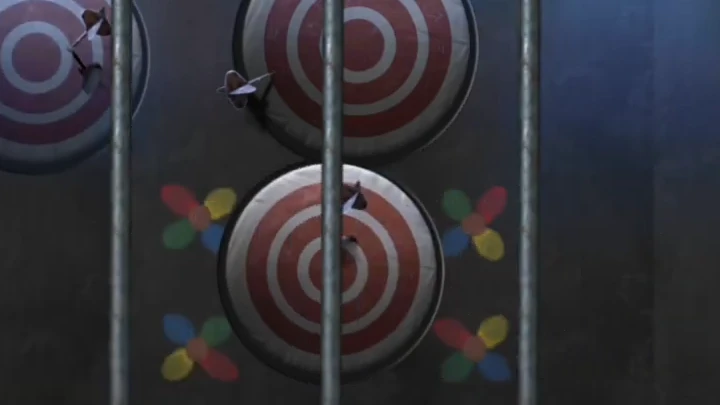 Mortuary target wall behind bars with darts in the targets and four four-petal colour marks: top-left red, yellow, green, blue; top-right green, red, blue, yellow; bottom-left blue, green, yellow, red; bottom-right red, yellow, green, blue