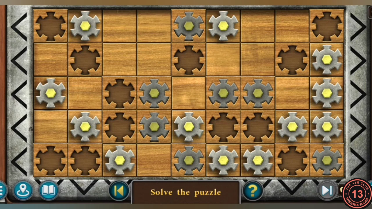 Wooden cog grid with loose silver cogs, dark empty sockets and arrow edges