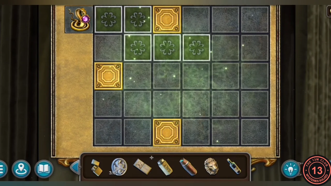 Solved snake puzzle: the snake is back in its top-left slot holding the purple gem