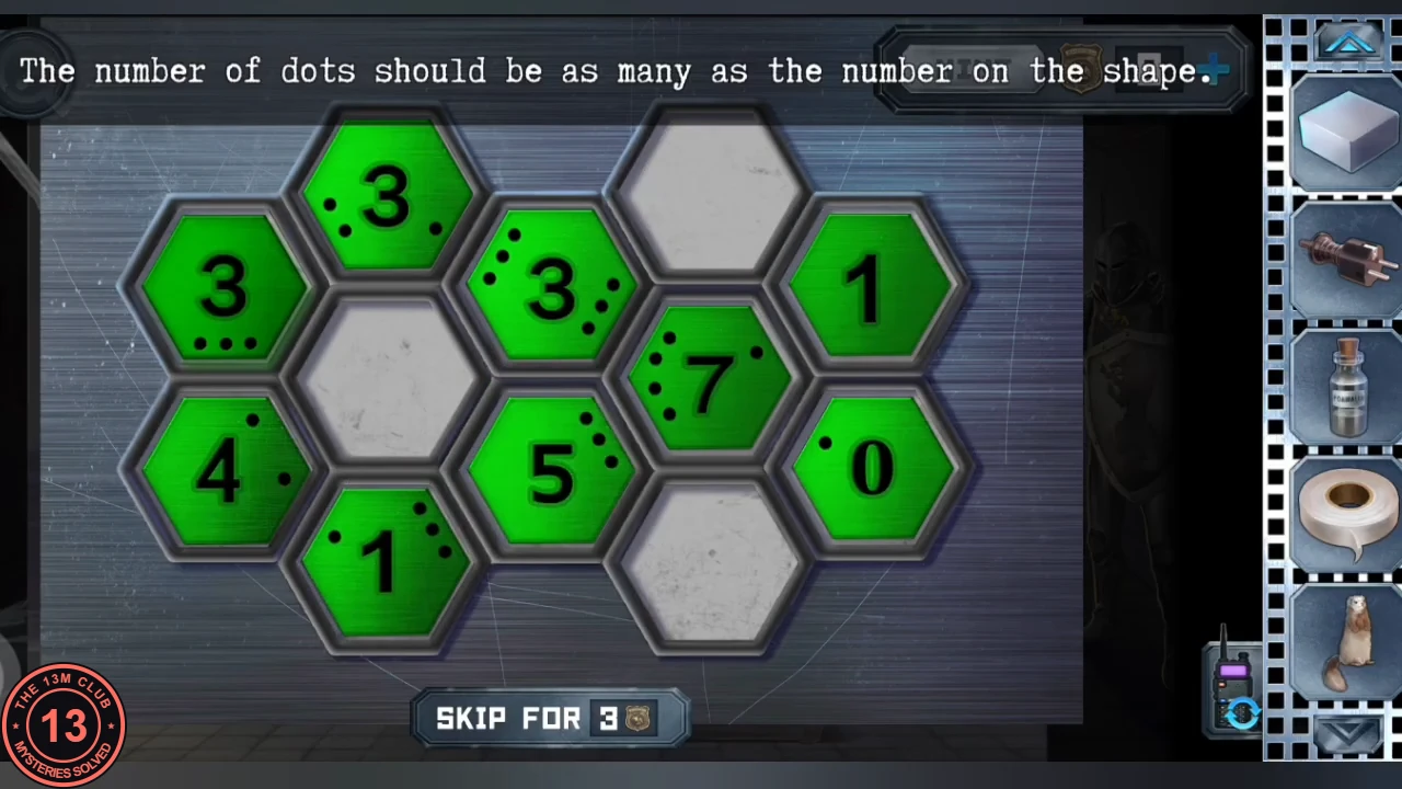 Hexagon panel with nine green numbered hexagons (3, 3, 3, 1, 4, 7, 0, 5, 1) and three empty grey slots, each green hexagon touching as many dots as its number, instruction 'The number of dots should be as many as the number on the shape.'